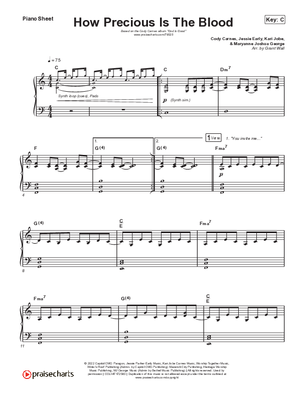 How Precious The Blood (Live) Piano Sheet (Cody Carnes)