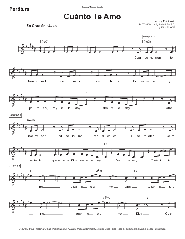 Cuanto Te Amo (Radio) Lead Sheet Melody (Armando Sanchez / Gateway Worship Español)