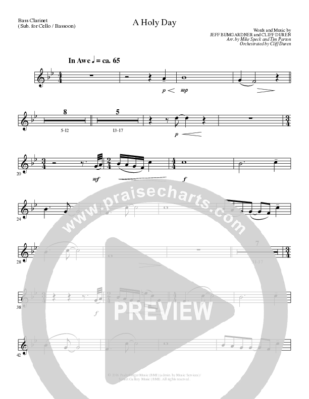 A Holy Day (Choral Anthem SATB) Bass Clarinet (Lillenas Choral / Arr. Mike Speck / Arr. Tim Parton / Orch. Cliff Duren)