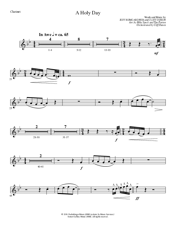 A Holy Day (Choral Anthem SATB) Clarinet (Lillenas Choral / Arr. Mike Speck / Arr. Tim Parton / Orch. Cliff Duren)