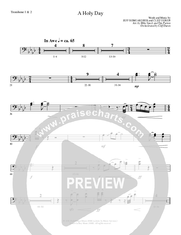 A Holy Day (Choral Anthem SATB) Trombone 1/2 (Lillenas Choral / Arr. Mike Speck / Arr. Tim Parton / Orch. Cliff Duren)