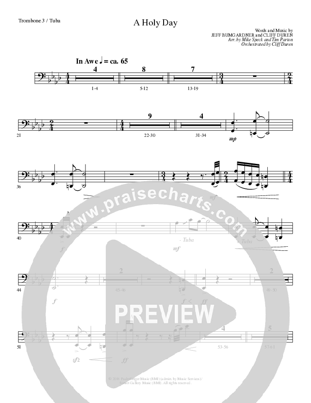 A Holy Day (Choral Anthem SATB) Trombone 3/Tuba (Lillenas Choral / Arr. Mike Speck / Arr. Tim Parton / Orch. Cliff Duren)