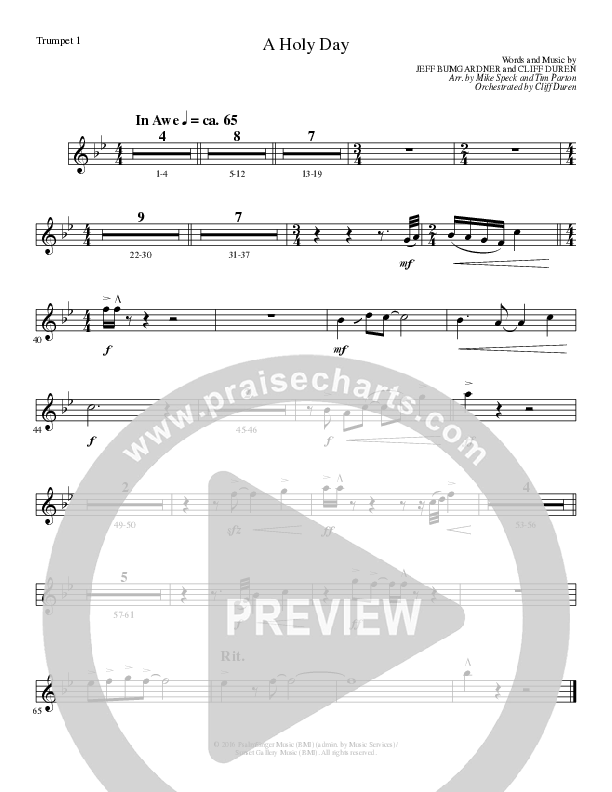 A Holy Day (Choral Anthem SATB) Trumpet 1 (Lillenas Choral / Arr. Mike Speck / Arr. Tim Parton / Orch. Cliff Duren)