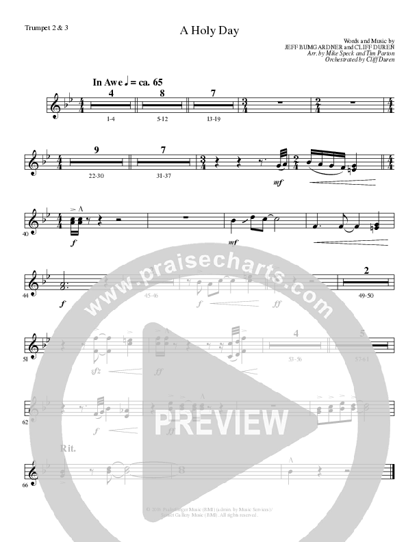 A Holy Day (Choral Anthem SATB) Trumpet 2/3 (Lillenas Choral / Arr. Mike Speck / Arr. Tim Parton / Orch. Cliff Duren)