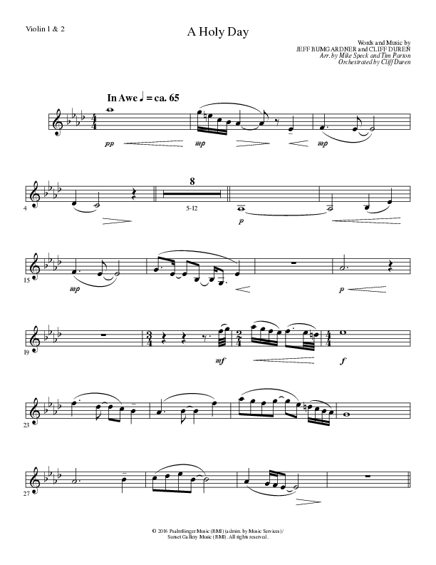 A Holy Day (Choral Anthem SATB) Violin 1/2 (Lillenas Choral / Arr. Mike Speck / Arr. Tim Parton / Orch. Cliff Duren)