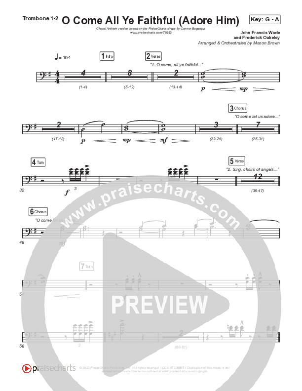 O Come All Ye Faithful (Adore Him) (Choral Anthem SATB) Trombone 1,2 (Signature Sessions / Connor Bogardus / Arr. Mason Brown)