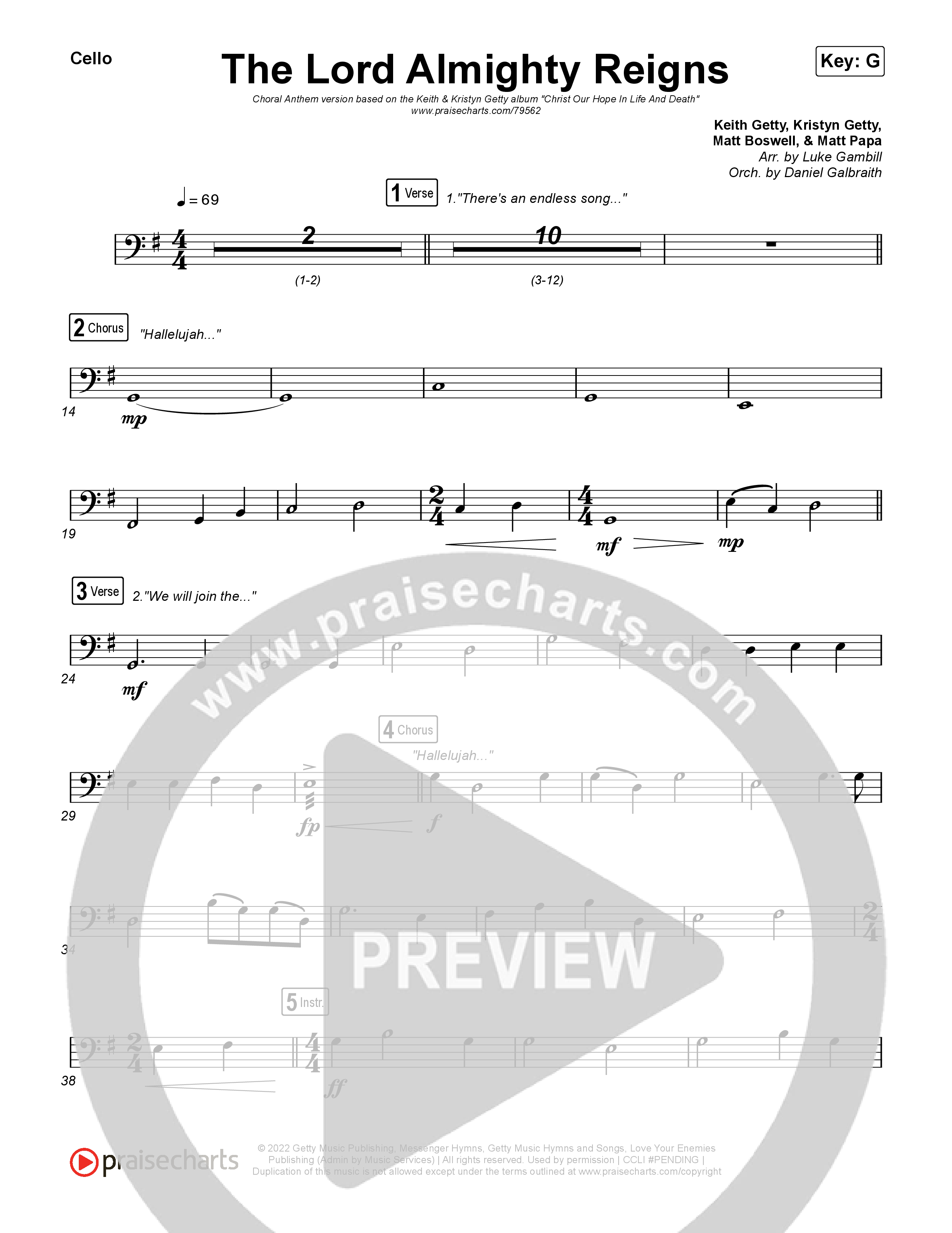 The Lord Almighty Reigns (Choral Anthem SATB) Cello (Keith & Kristyn Getty / Arr. Luke Gambill)