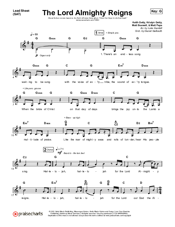 The Lord Almighty Reigns (Choral Anthem SATB) Lead Sheet (SAT) (Keith & Kristyn Getty / Arr. Luke Gambill)