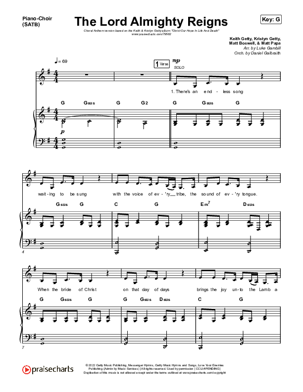 The Lord Almighty Reigns (Choral Anthem SATB) Piano/Vocal (SATB) (Keith & Kristyn Getty / Arr. Luke Gambill)
