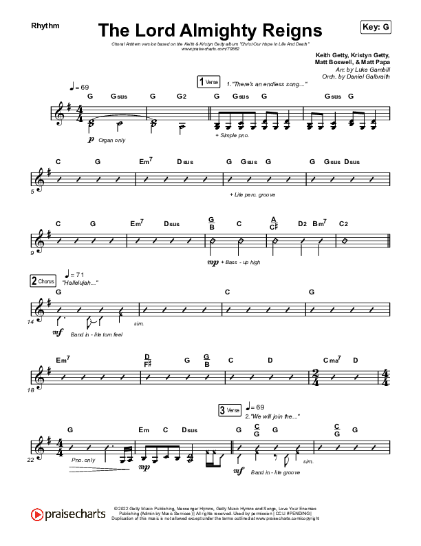 The Lord Almighty Reigns (Choral Anthem SATB) Rhythm Chart (Keith & Kristyn Getty / Arr. Luke Gambill)