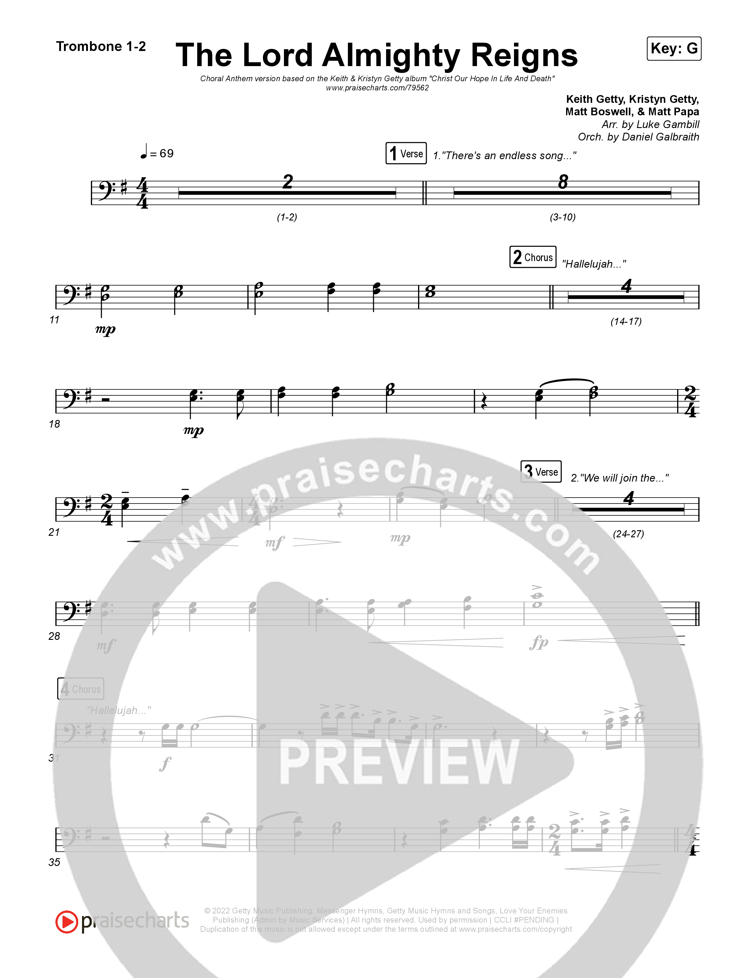 The Lord Almighty Reigns (Choral Anthem SATB) Trombone 1/2 (Keith & Kristyn Getty / Arr. Luke Gambill)
