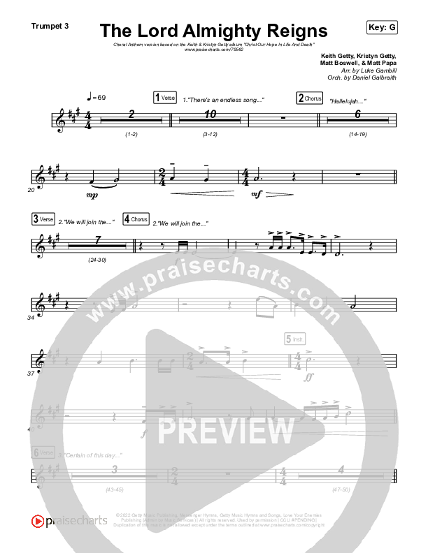 The Lord Almighty Reigns (Choral Anthem SATB) Trumpet 3 (Keith & Kristyn Getty / Arr. Luke Gambill)