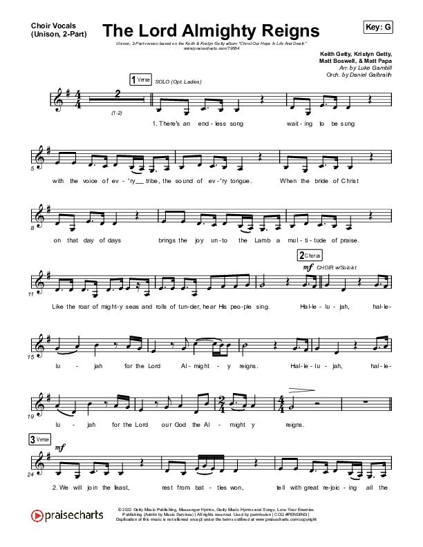 The Lord Almighty Reigns (Unison/2-Part Choir) Choir Vocals (Uni/2-Part) (Keith & Kristyn Getty / Arr. Luke Gambill)