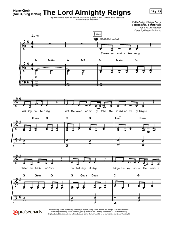 The Lord Almighty Reigns (Sing It Now SATB) Piano/Choir (SATB) (Keith & Kristyn Getty / Arr. Luke Gambill)