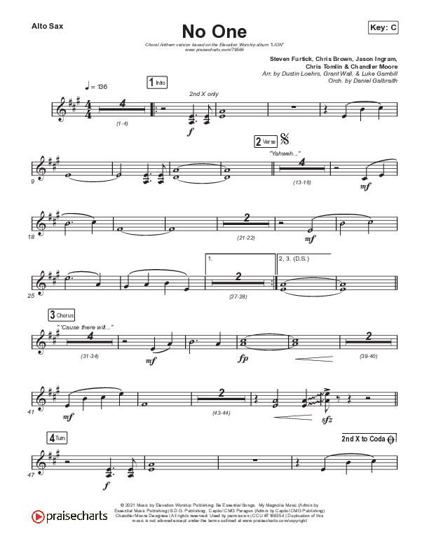 No One (Choral Anthem SATB) Alto Sax (Elevation Worship / Chandler Moore / Arr. Luke Gambill)
