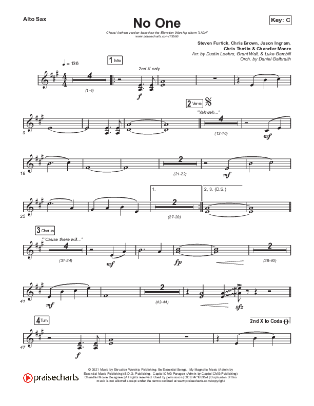 No One (Choral Anthem SATB) Sax Pack (Elevation Worship / Chandler Moore / Arr. Luke Gambill)
