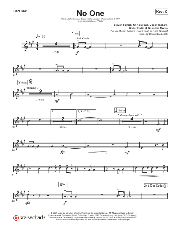 No One (Choral Anthem SATB) Bari Sax (Elevation Worship / Chandler Moore / Arr. Luke Gambill)