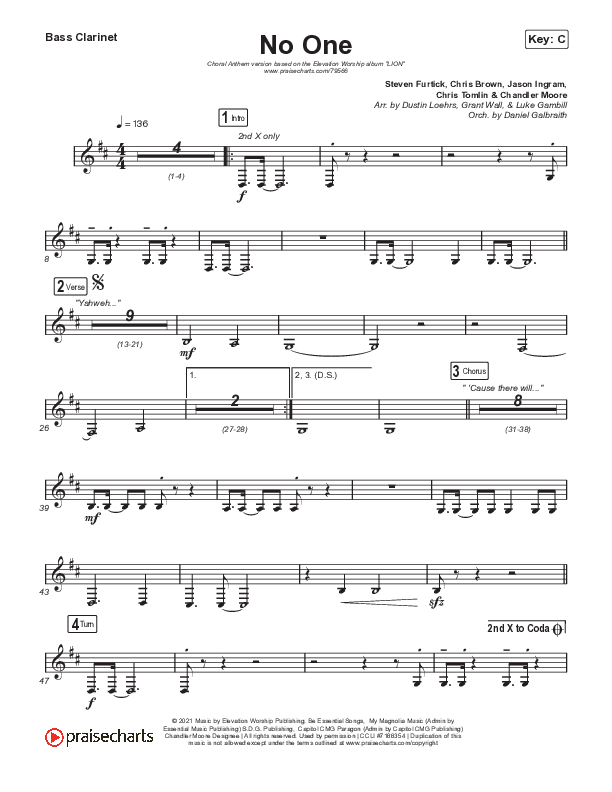 No One (Choral Anthem SATB) Bass Clarinet (Elevation Worship / Chandler Moore / Arr. Luke Gambill)