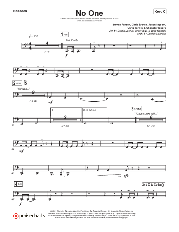 No One (Choral Anthem SATB) Bassoon (Elevation Worship / Chandler Moore / Arr. Luke Gambill)