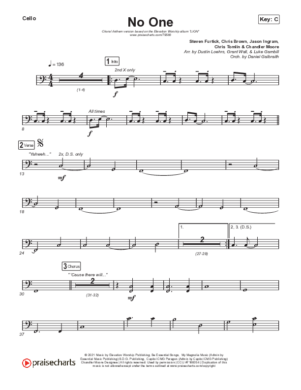 No One (Choral Anthem SATB) Cello (Elevation Worship / Chandler Moore / Arr. Luke Gambill)