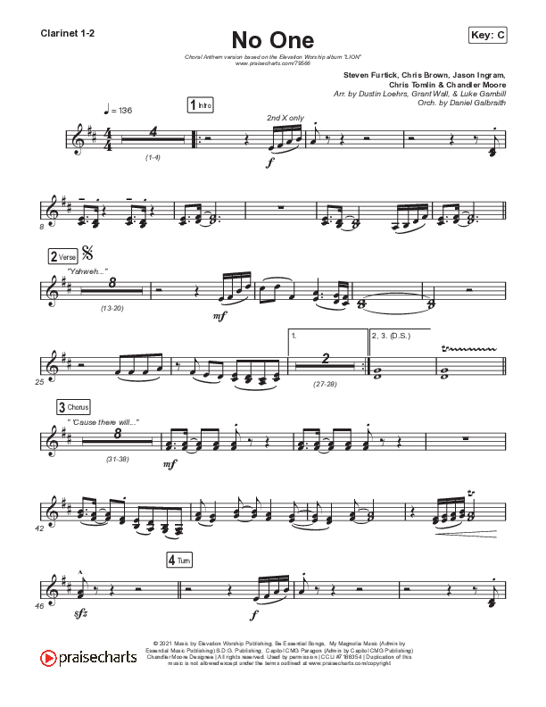 No One (Choral Anthem SATB) Clarinet 1,2 (Elevation Worship / Chandler Moore / Arr. Luke Gambill)