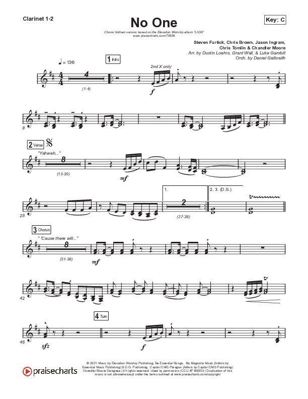 No One (Choral Anthem SATB) Clarinet 1,2 (Elevation Worship / Chandler Moore / Arr. Luke Gambill)