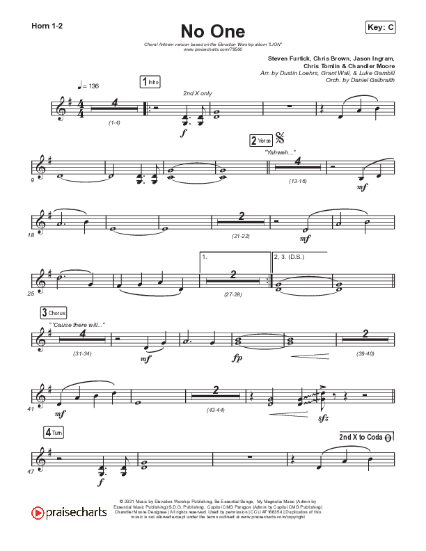 No One (Choral Anthem SATB) French Horn 1,2 (Elevation Worship / Chandler Moore / Arr. Luke Gambill)