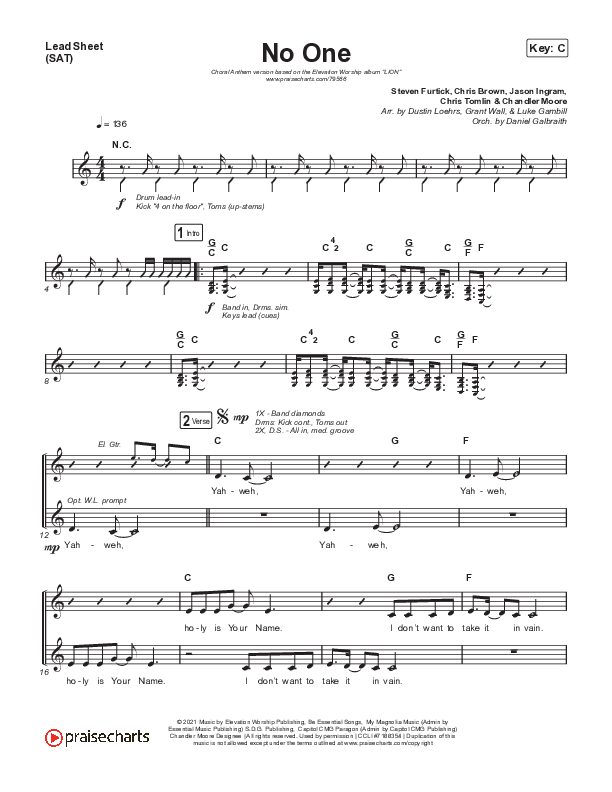 No One (Choral Anthem SATB) Lead Sheet (SAT) (Elevation Worship / Chandler Moore / Arr. Luke Gambill)