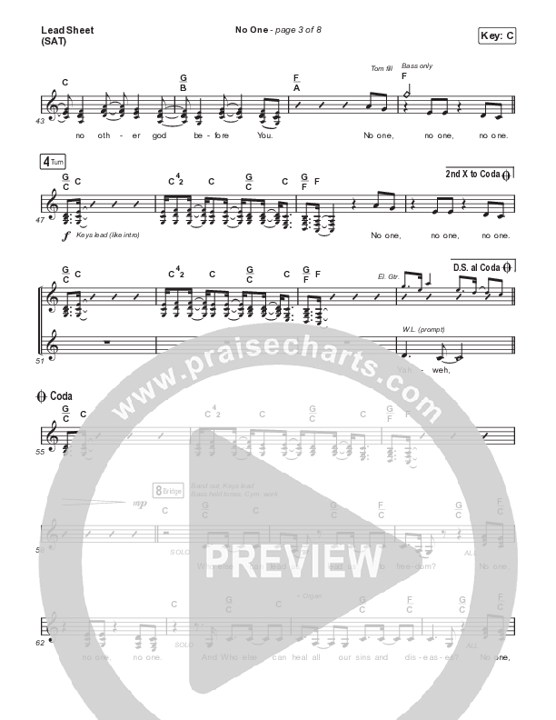 No One (Choral Anthem SATB) Lead Sheet (SAT) (Elevation Worship / Chandler Moore / Arr. Luke Gambill)
