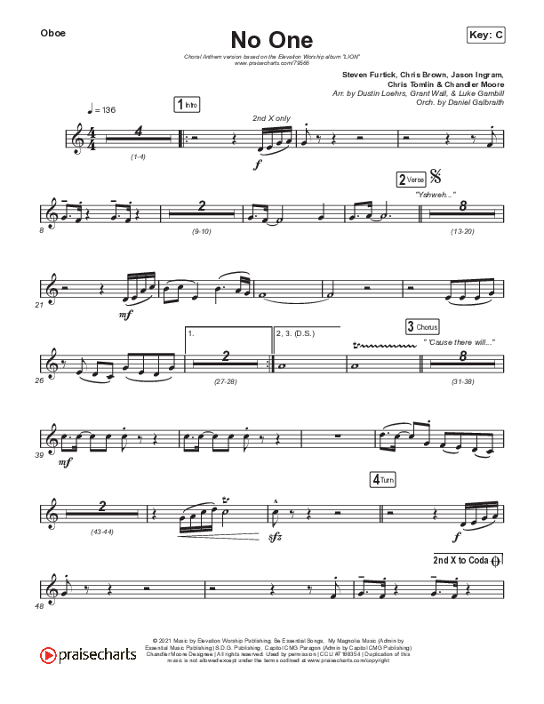 No One (Choral Anthem SATB) Oboe (Elevation Worship / Chandler Moore / Arr. Luke Gambill)