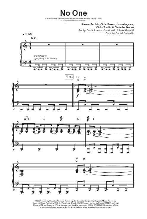 No One (Choral Anthem SATB) Octavo (SATB & Pno) (Elevation Worship / Chandler Moore / Arr. Luke Gambill)
