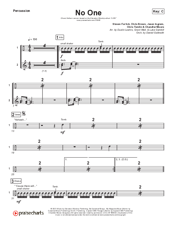 No One (Choral Anthem SATB) Percussion (Elevation Worship / Chandler Moore / Arr. Luke Gambill)