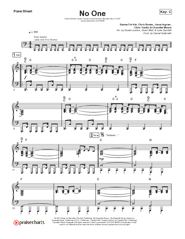 No One (Choral Anthem SATB) Piano Sheet (Elevation Worship / Chandler Moore / Arr. Luke Gambill)