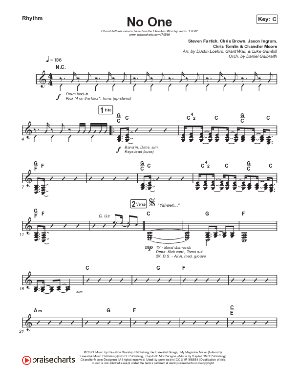 No One (Choral Anthem SATB) Rhythm Pack (Elevation Worship / Chandler Moore / Arr. Luke Gambill)