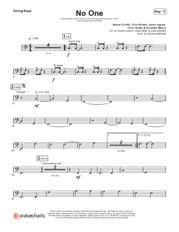 No One (Choral Anthem SATB) String Bass (Elevation Worship / Chandler Moore / Arr. Luke Gambill)