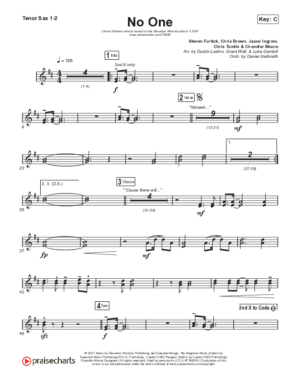 No One (Choral Anthem SATB) Tenor Sax 1,2 (Elevation Worship / Chandler Moore / Arr. Luke Gambill)