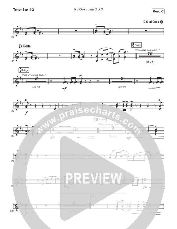 No One (Choral Anthem SATB) Tenor Sax 1,2 (Elevation Worship / Chandler Moore / Arr. Luke Gambill)