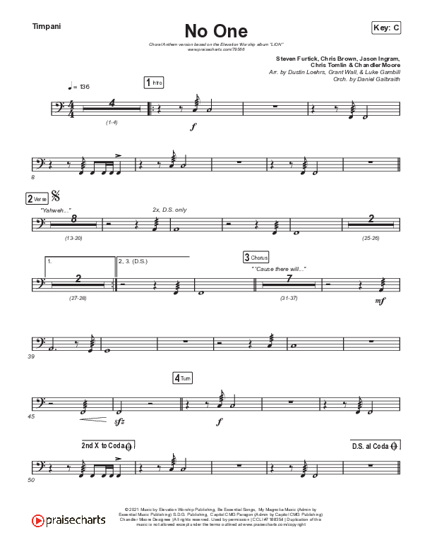 No One (Choral Anthem SATB) Timpani (Elevation Worship / Chandler Moore / Arr. Luke Gambill)