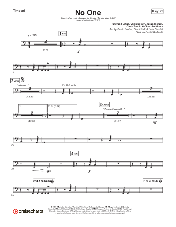 No One (Choral Anthem SATB) Timpani (Elevation Worship / Chandler Moore / Arr. Luke Gambill)