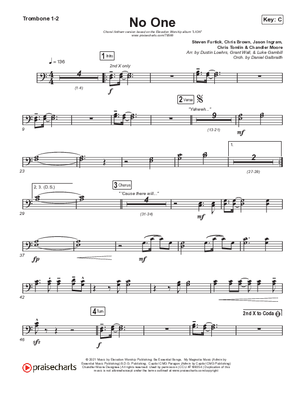No One (Choral Anthem SATB) Trombone 1/2 (Elevation Worship / Chandler Moore / Arr. Luke Gambill)