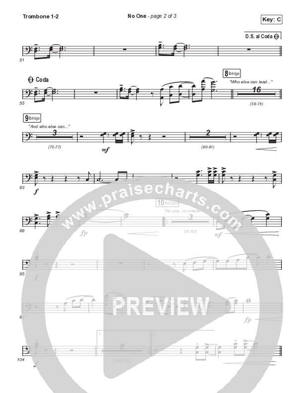 No One (Choral Anthem SATB) Trombone 1,2 (Elevation Worship / Chandler Moore / Arr. Luke Gambill)