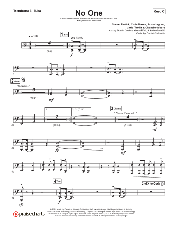 No One (Choral Anthem SATB) Trombone 3/Tuba (Elevation Worship / Chandler Moore / Arr. Luke Gambill)