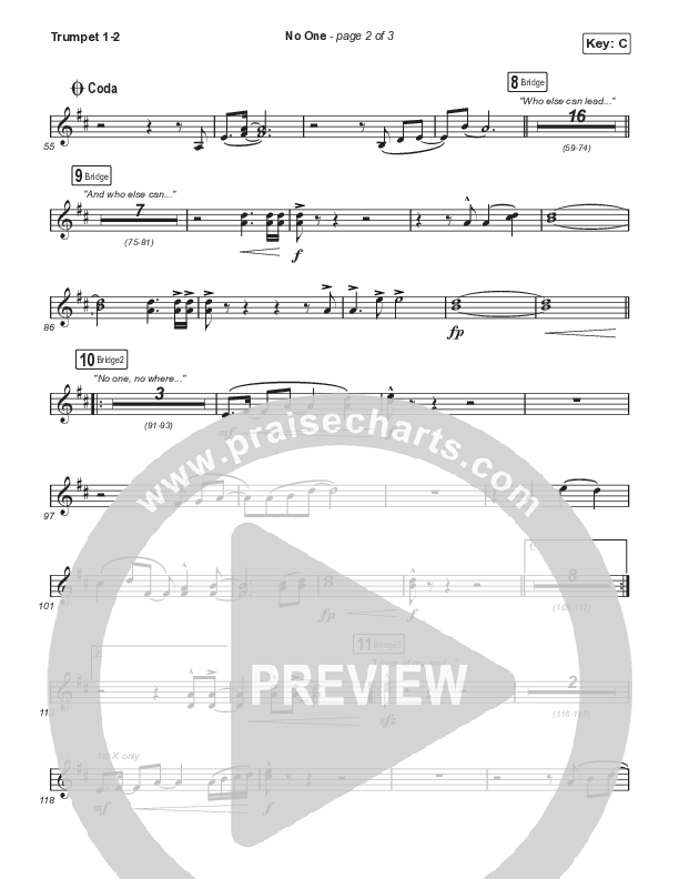 No One (Choral Anthem SATB) Trumpet 1,2 (Elevation Worship / Chandler Moore / Arr. Luke Gambill)