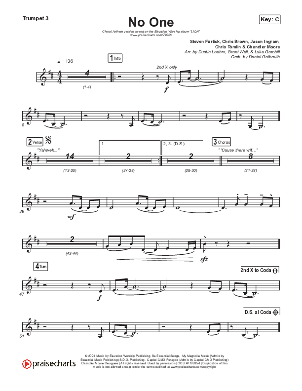 No One (Choral Anthem SATB) Trumpet 3 (Elevation Worship / Chandler Moore / Arr. Luke Gambill)