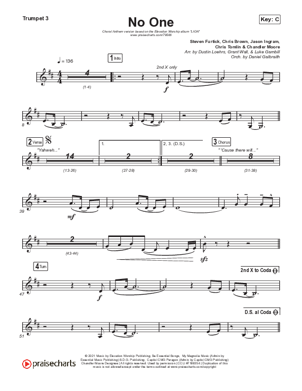 No One (Choral Anthem SATB) Trumpet 3 (Elevation Worship / Chandler Moore / Arr. Luke Gambill)