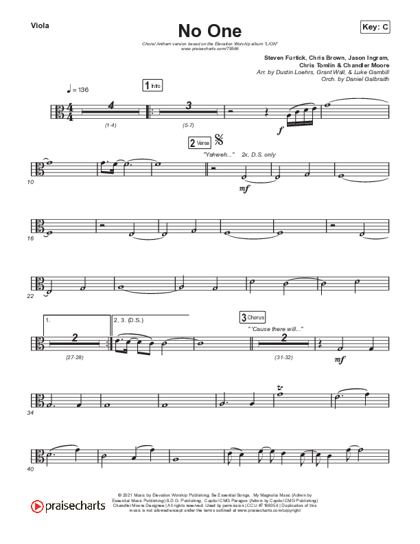 No One (Choral Anthem SATB) Viola (Elevation Worship / Chandler Moore / Arr. Luke Gambill)