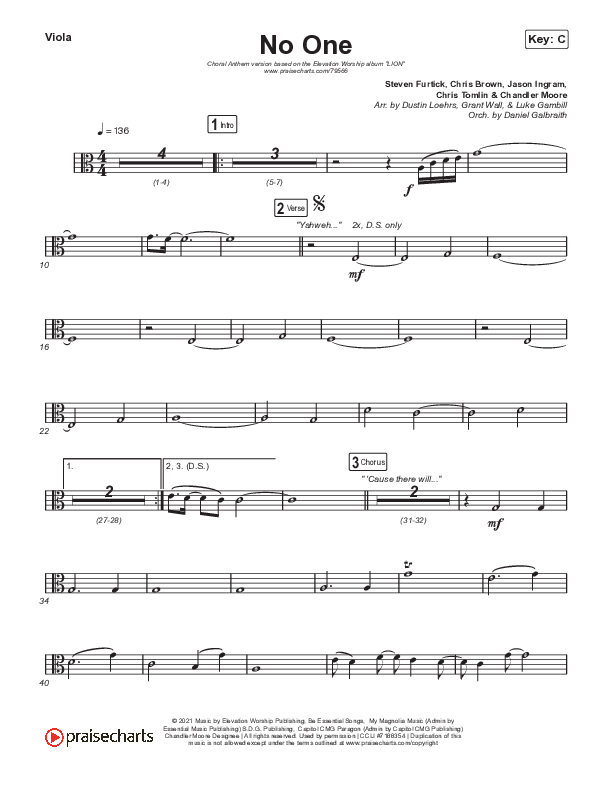 No One (Choral Anthem SATB) Viola (Elevation Worship / Chandler Moore / Arr. Luke Gambill)