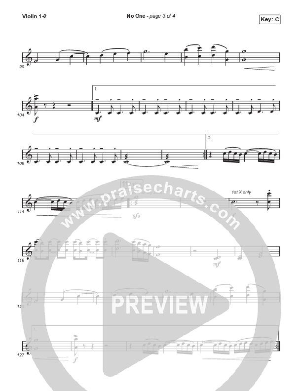 No One (Choral Anthem SATB) Violin 1,2 (Elevation Worship / Chandler Moore / Arr. Luke Gambill)