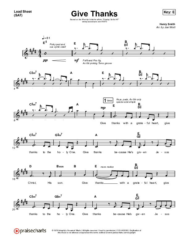 Give Thanks Lead Sheet (SAT) (Shane & Shane / The Worship Initiative / Grace Tanner)