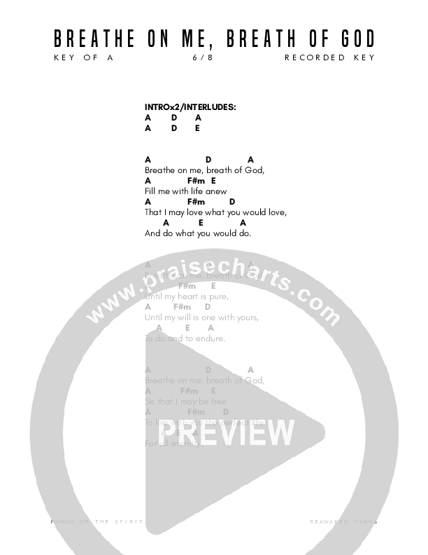 Breathe On Me Breath Of God  Chord Chart (Reawaken Hymns)